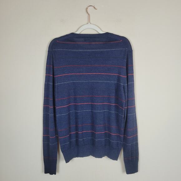 Banana Republic Sweater Men Medium Blue Stripes Merino Wool Crewneck Lightweight - Picture 2 of 6